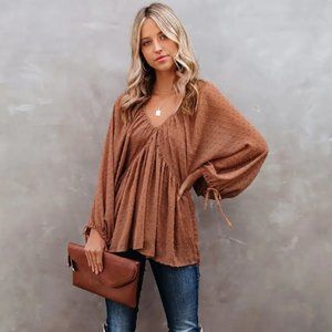 Batwing T-shirt, Boho V Neck Long Sleeve Solid T-shirt For Spring & Fall, sz M